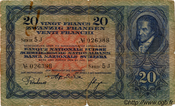 20 Francs SWITZERLAND  1931 P.39c G