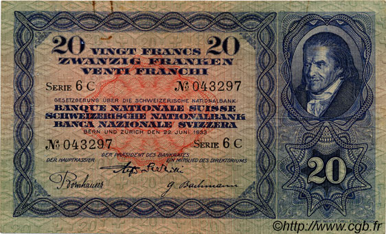 20 Francs SUISSE  1933 P.39d q.BB
