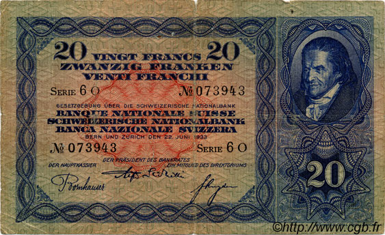 20 Francs SWITZERLAND  1933 P.39d VG