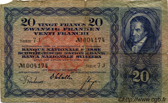 20 Francs SWITZERLAND  1935 P.39e G
