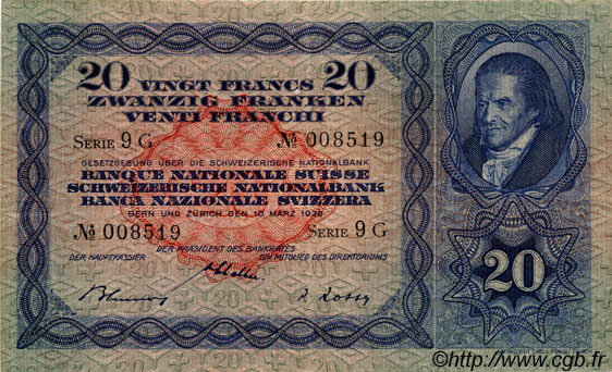 20 Francs SUISSE  1938 P.39g TTB