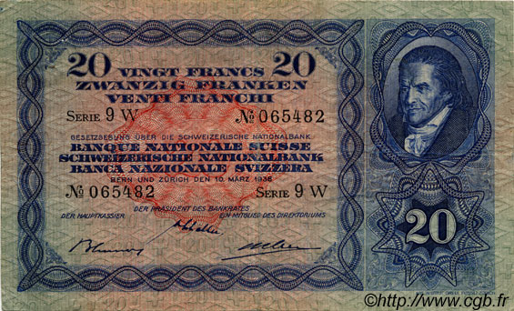 20 Francs SWITZERLAND  1938 P.39g VF