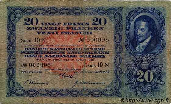 20 Francs SUISSE  1938 P.39h MB
