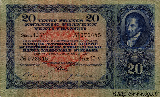 20 Francs SWITZERLAND  1938 P.39h F