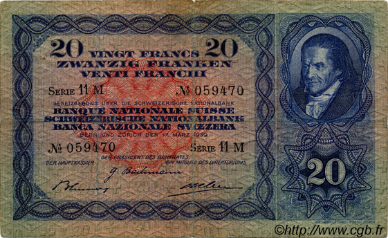20 Francs SUISSE  1939 P.39i BC