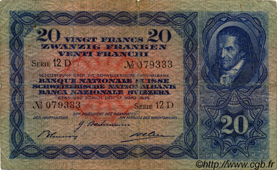 20 Francs SUISSE  1939 P.39i F