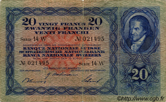 20 Francs SUISSE  1940 P.39k TB