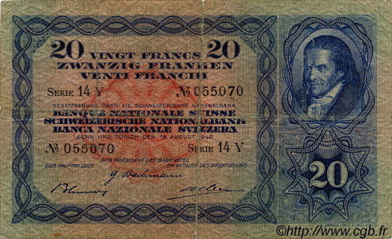 20 Francs SWITZERLAND  1940 P.39k VG