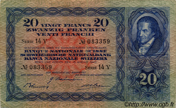 20 Francs SUISSE  1940 P.39k fSS