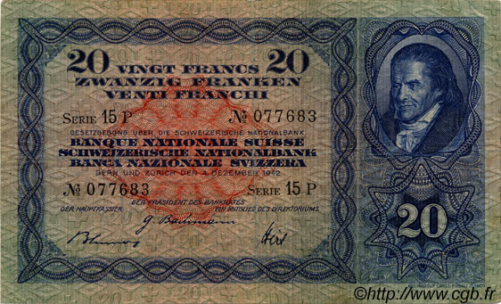 20 Francs SWITZERLAND  1942 P.39l VF