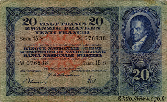 20 Francs SUISSE  1942 P.39l MBC