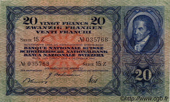 20 Francs SWITZERLAND  1942 P.39l VF+