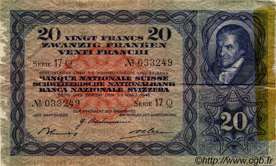 20 Francs SUISSE  1944 P.39m q.BB