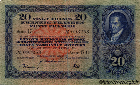 20 Francs SWITZERLAND  1944 P.39m VF