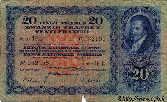 20 Francs SUISSE  1946 P.39o VG