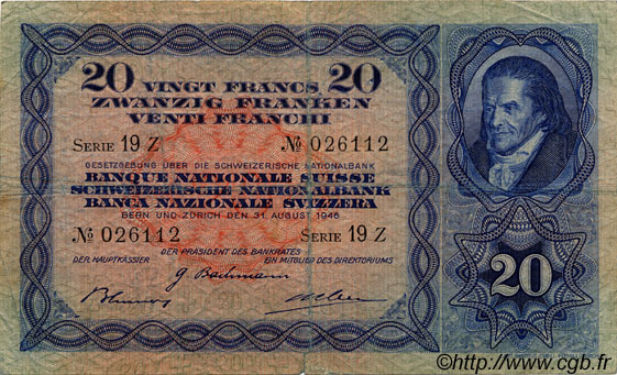 20 Francs SUISSE  1946 P.39o MB
