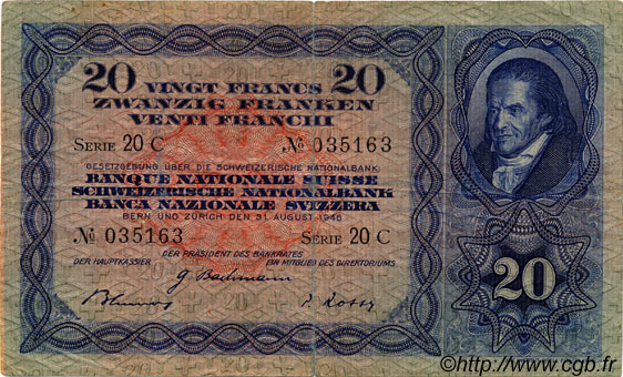 20 Francs SWITZERLAND  1946 P.39o F+