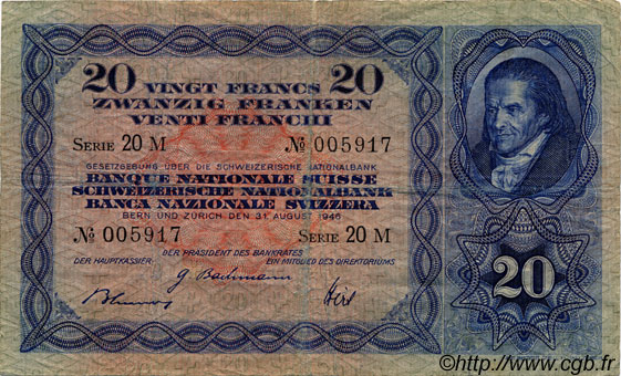 20 Francs SUISSE  1946 P.39o S