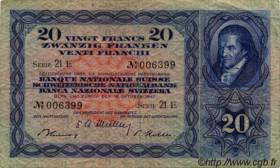 20 Francs SWITZERLAND  1947 P.39p VF