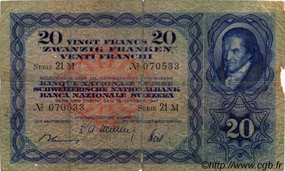 20 Francs SWITZERLAND  1947 P.39p G