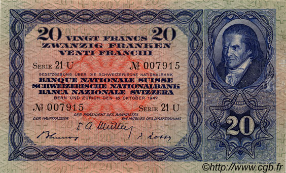 20 Francs SWITZERLAND  1947 P.39p XF - AU