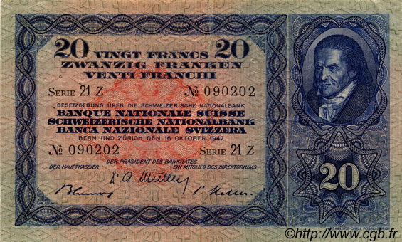 20 Francs SWITZERLAND  1947 P.39p VF