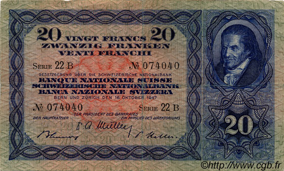 20 Francs SUISSE  1947 P.39p q.BB