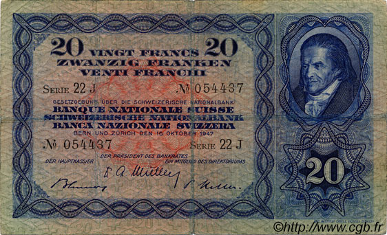 20 Francs SUISSE  1947 P.39p S
