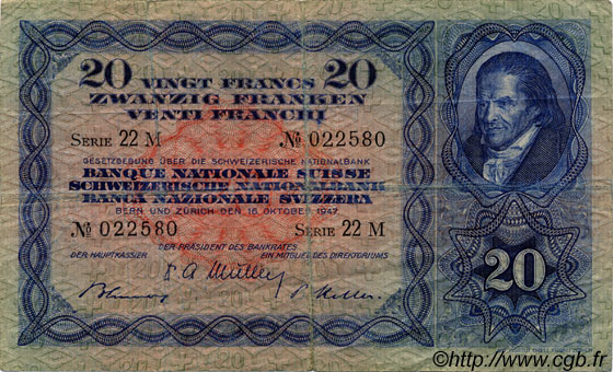 20 Francs SWITZERLAND  1947 P.39p F+