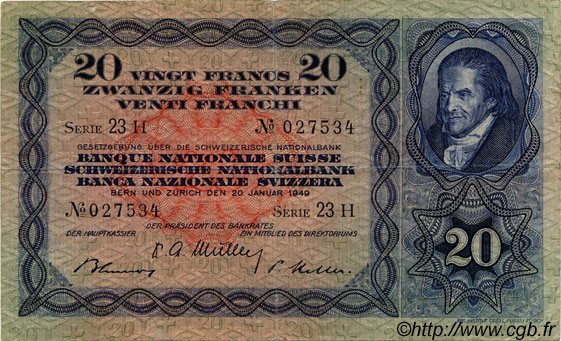 20 Francs SWITZERLAND  1949 P.39q VF