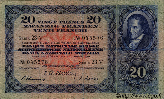 20 Francs SWITZERLAND  1949 P.39q VF