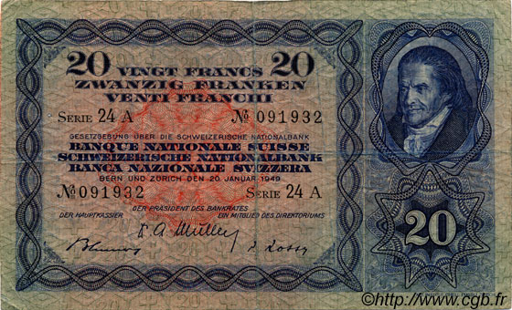 20 Francs SUISSE  1949 P.39q F+