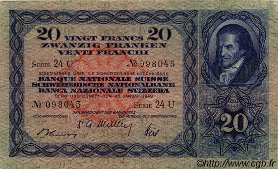 20 Francs SUISSE  1949 P.39q q.BB