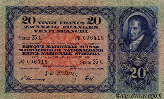 20 Francs SWITZERLAND  1949 P.39q XF