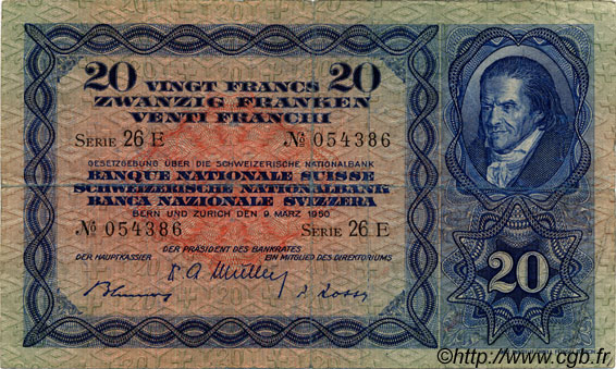 20 Francs SWITZERLAND  1950 P.39r F+