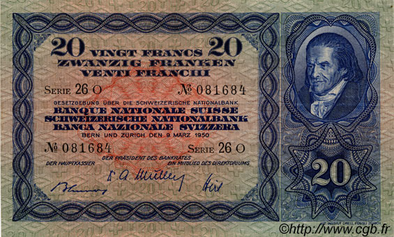 20 Francs SUISSE  1950 P.39r q.SPL a SPL