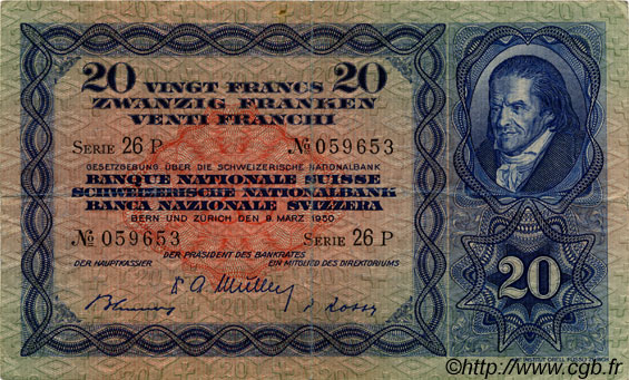 20 Francs SUISSE  1950 P.39r VF