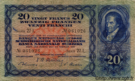 20 Francs SWITZERLAND  1951 P.39s F+