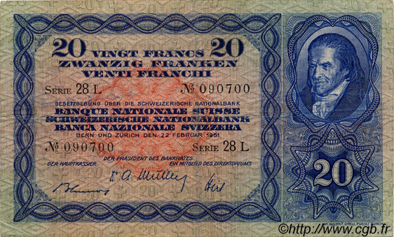20 Francs SUISSE  1951 P.39s VF