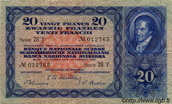 20 Francs SUISSE  1951 P.39s TTB