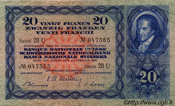 20 Francs SWITZERLAND  1951 P.39s VF