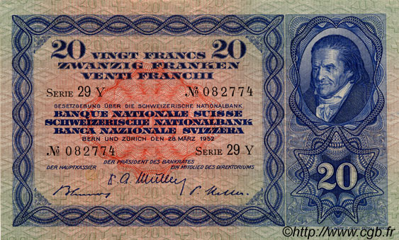 20 Francs SWITZERLAND  1952 P.39t XF-