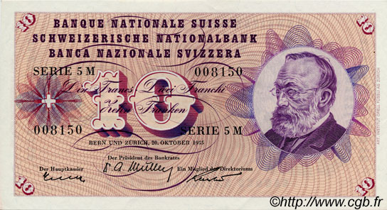 10 Francs SWITZERLAND  1955 P.45b AU