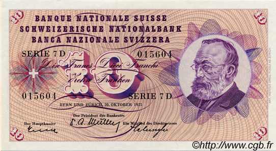 10 Francs SUISSE  1955 P.45b AU