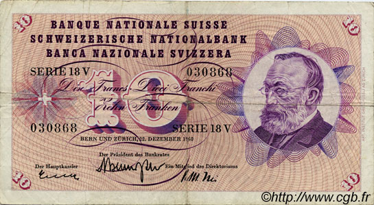 10 Francs SWITZERLAND  1960 P.45f F+