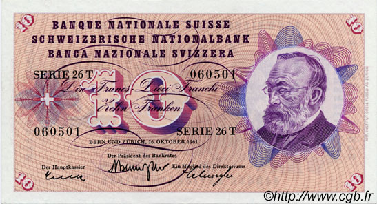 10 Francs SWITZERLAND  1961 P.45g UNC-