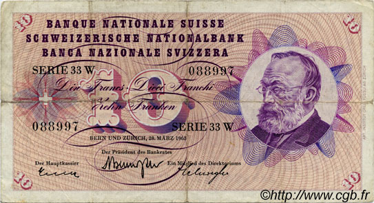 10 Francs SUISSE  1963 P.45h q.BB