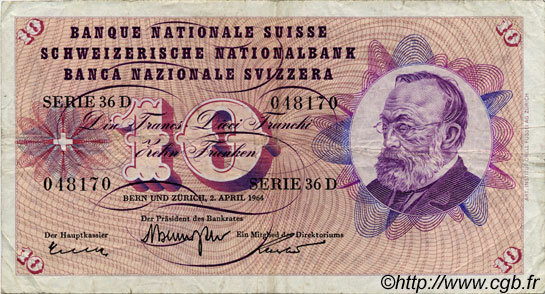 10 Francs SUISSE  1964 P.45i MB