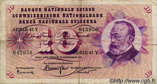 10 Francs SUISSE  1965 P.45j var. MB