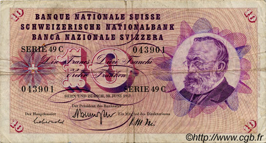 10 Francs SUISSE  1967 P.45l MB